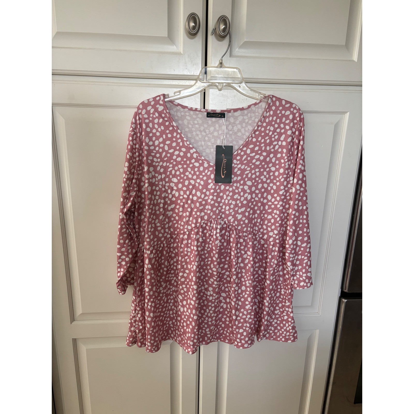 Ofeefan Pink Polka Dot V-Neck Babydoll Tunic Top 3/4 Sleeve XL NWT
