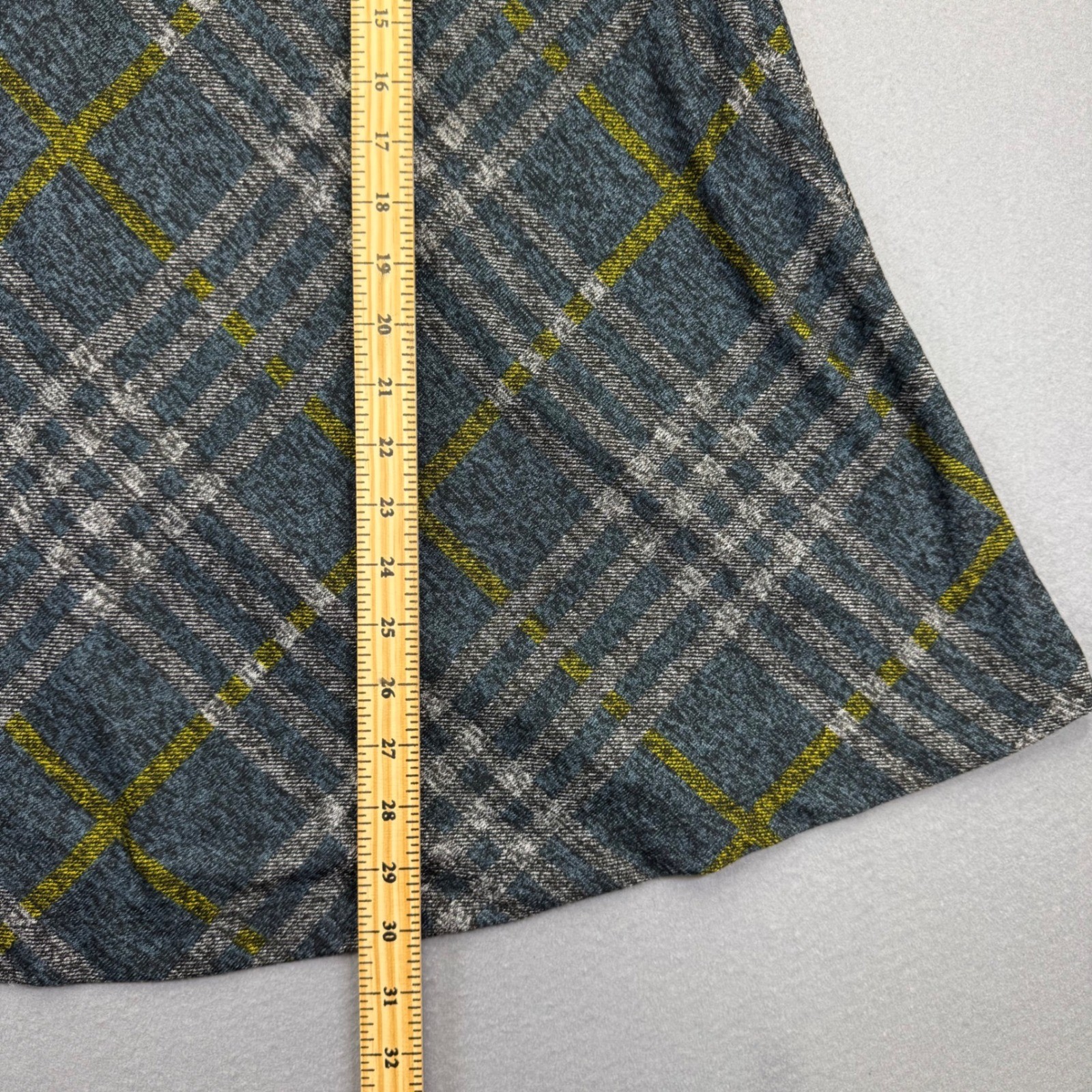 John Mark Womens L Plaid Cowl Neck Tunic Top Gray Blue Yellow Button Back Knit
