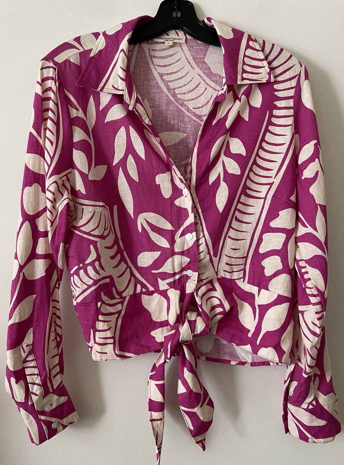 Christian Siriano Women’s Sz L Linen Button Up Tie Waist Shirt Long Sleeve Beach
