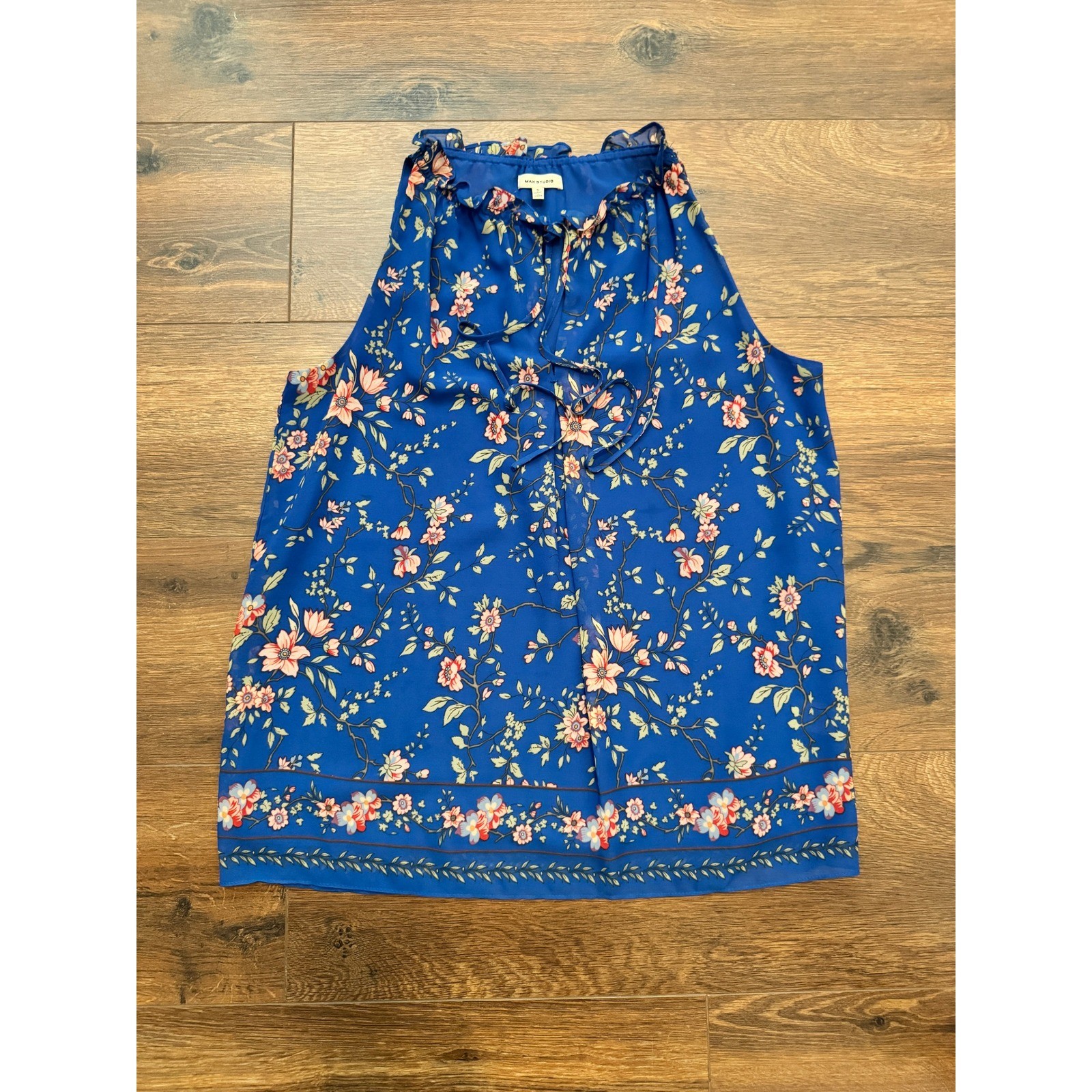 Max Studio Womens Blue Floral Halter Neck Ruffle Tie Blouse Top Small