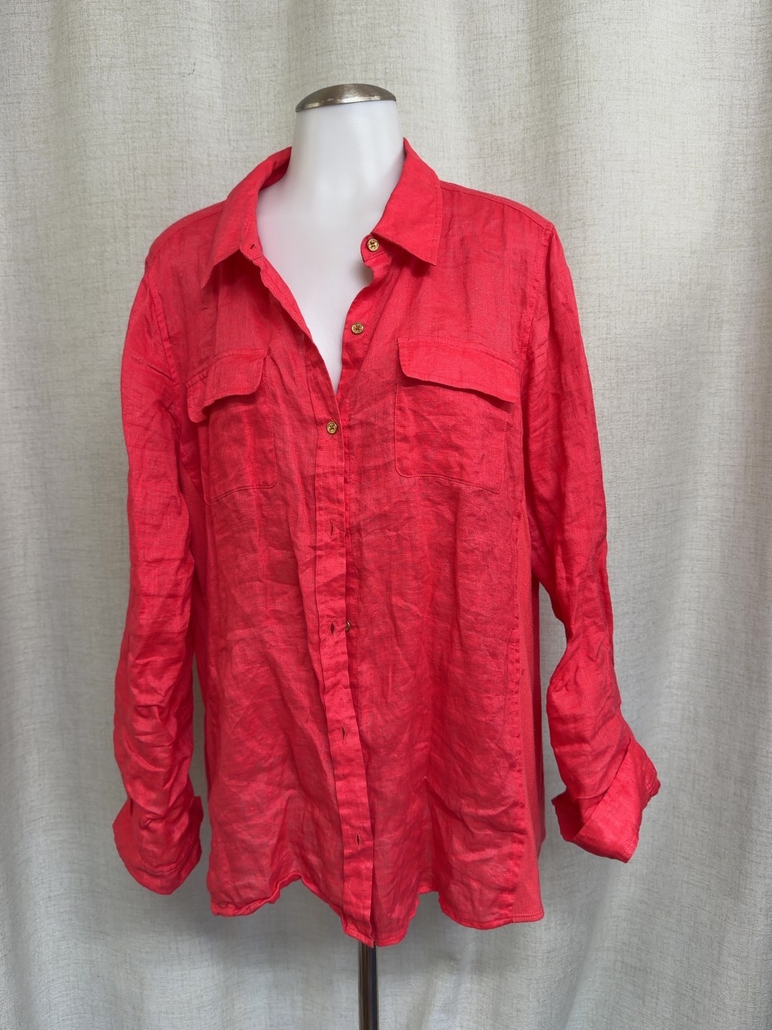 CALVIN KLEIN Red Linen Button Down Shirt Blouse Roll Tab [Check Size]