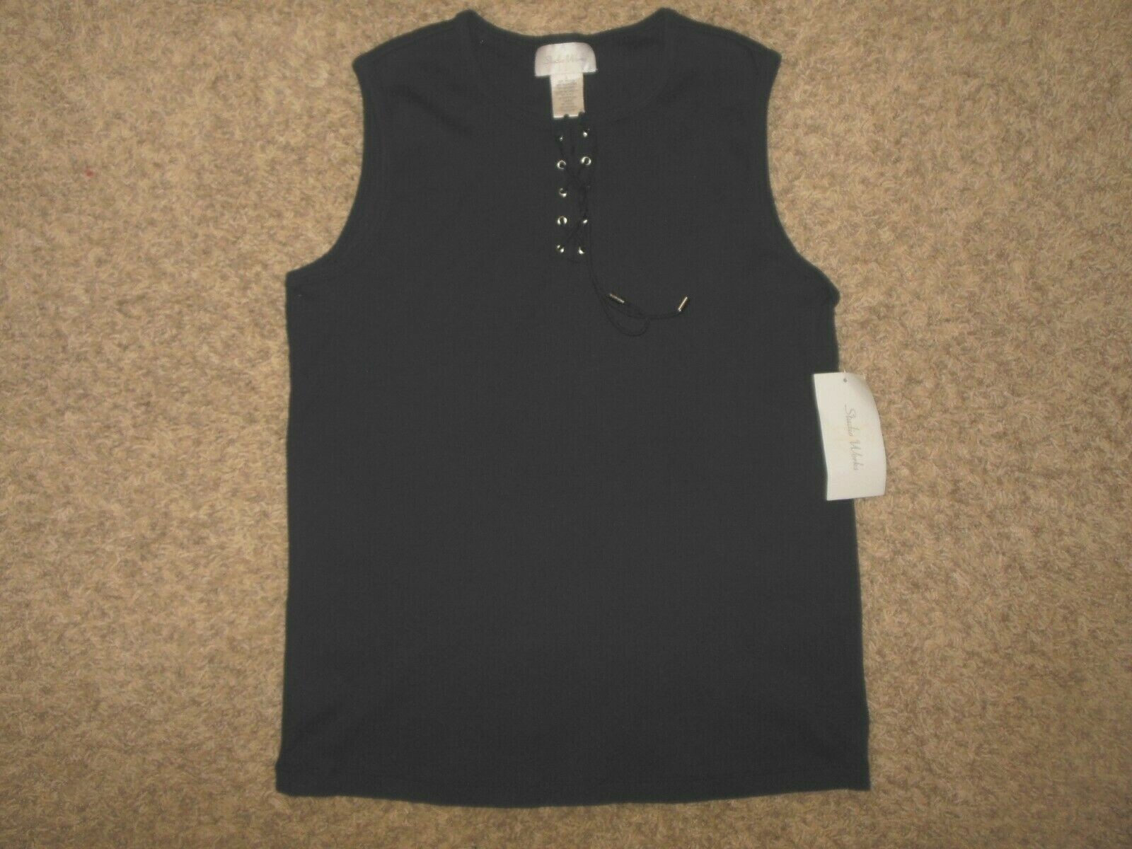NWT Studio Work Woman Small Black Tank Top Lace Up Front Ribbed Knit Stretch