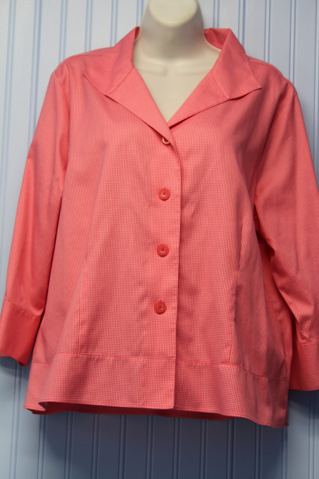 Coldwater Creek tiny pink check stretch 3/4 sleeve button front shirt Medium