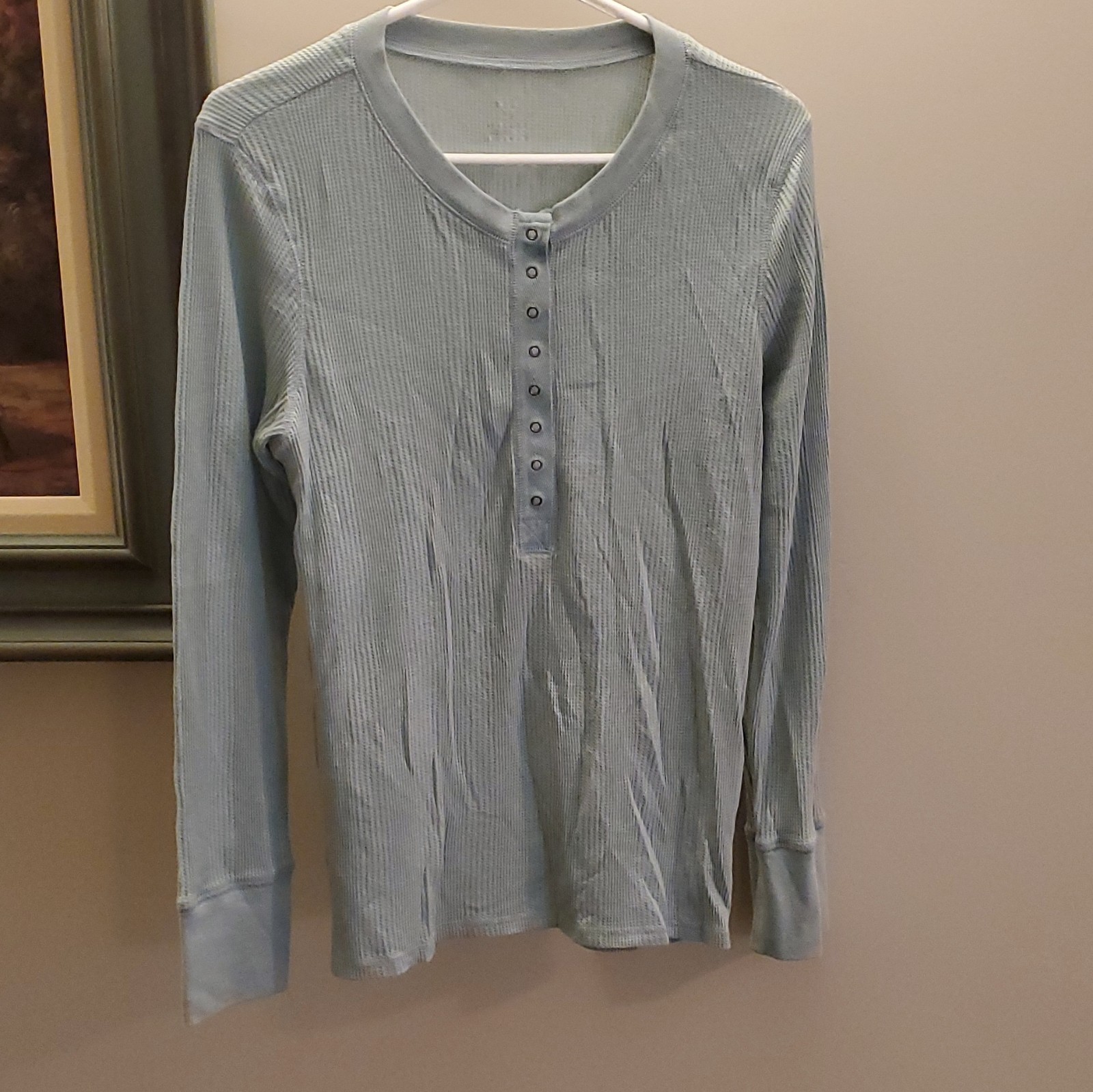 Aerie Blue Waffle Knit Henley Top L Button Front Long Sleeve Round Neck