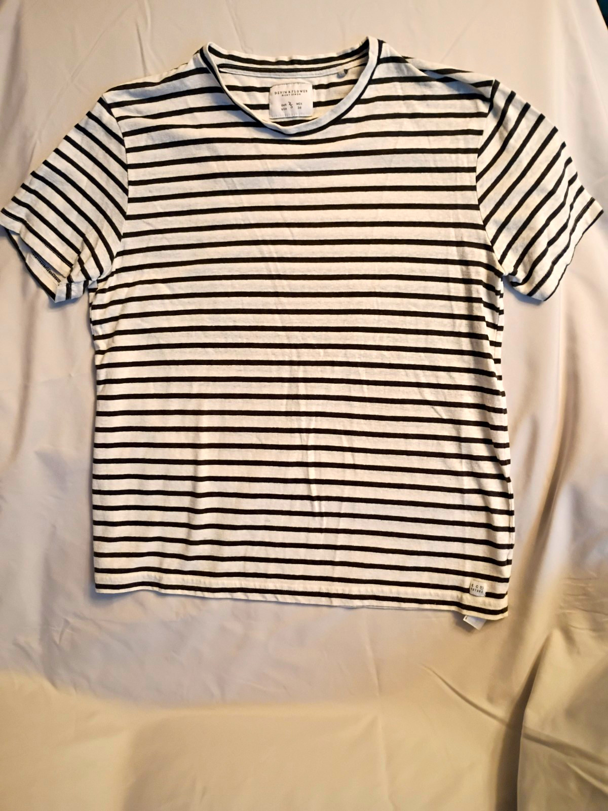 Denim & Flower Women’s Black White Striped Crew Neck Short Sleeve T-Shirt Sz S