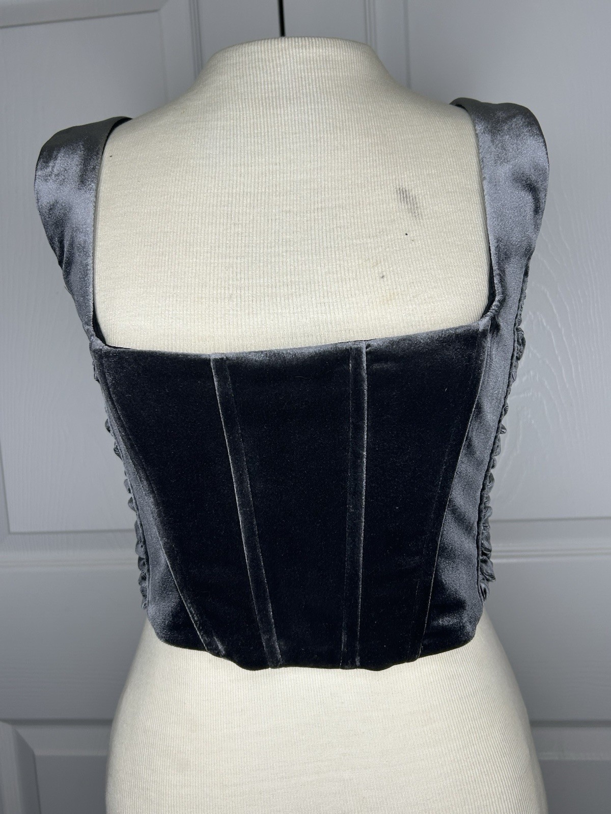 ZARA Black Velvet Ruched Zip Corset Style Square Neck Crop Top Size M