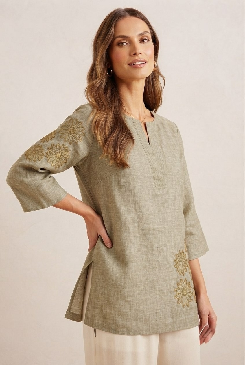 Women Olive Green Linen Cotton Embroidered Top 3/4 Sleeve Floral Tunic
