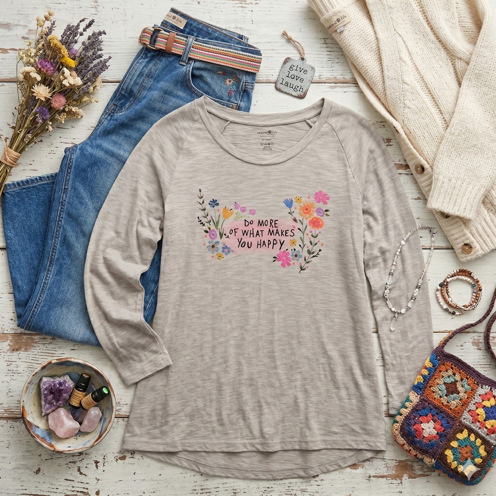 Natural Life Medium Do More Of What Makes You Happy Floral Graphic Slub Tee