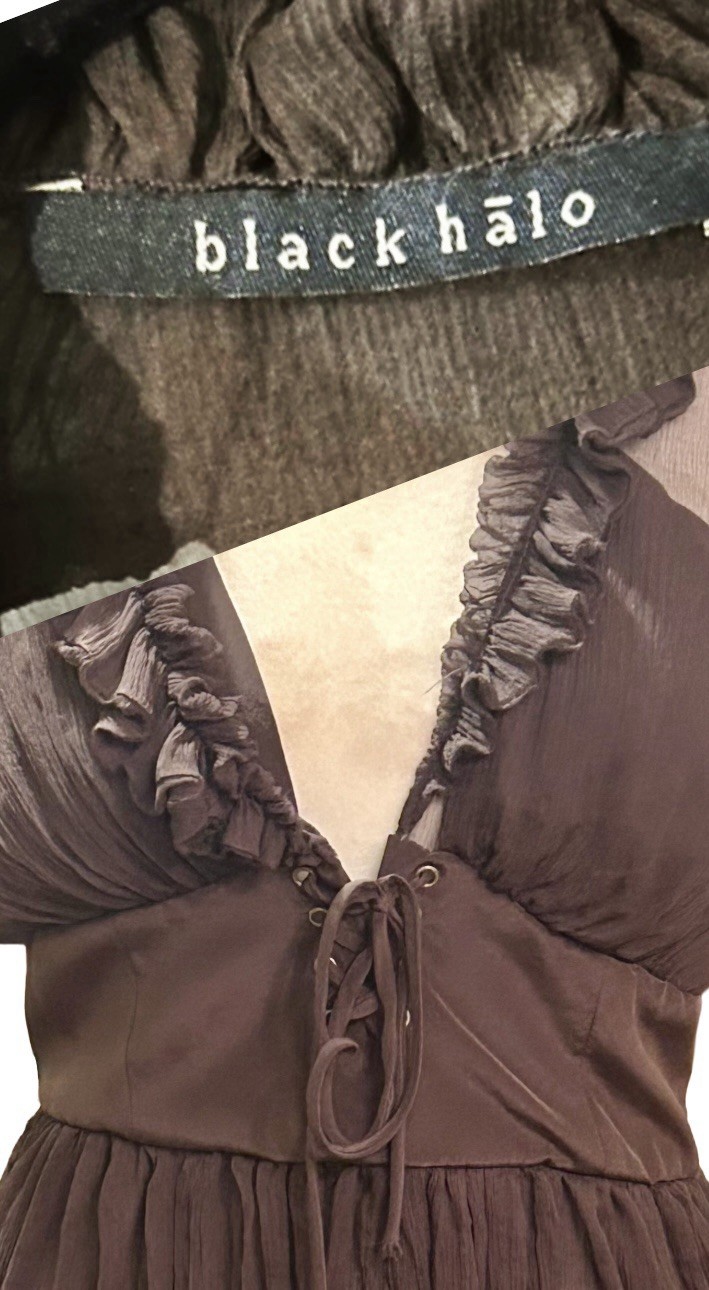 Black Halo – Brown Sheer Ruffle Trim V-Neck Lace Up Waistband Blouse Top – M