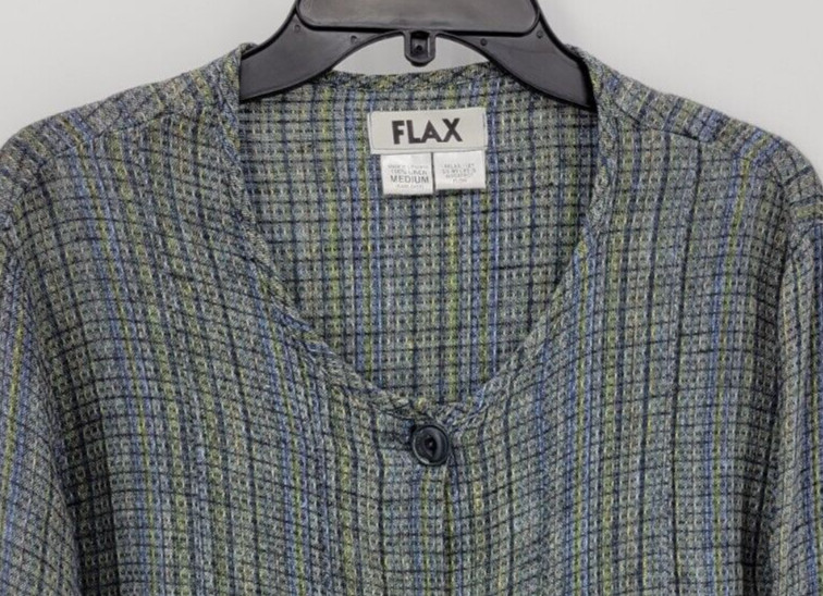 Flax Shirt Jacket Womens Medium Multicolor Linen V Neck Button Up Lagenlook Boho
