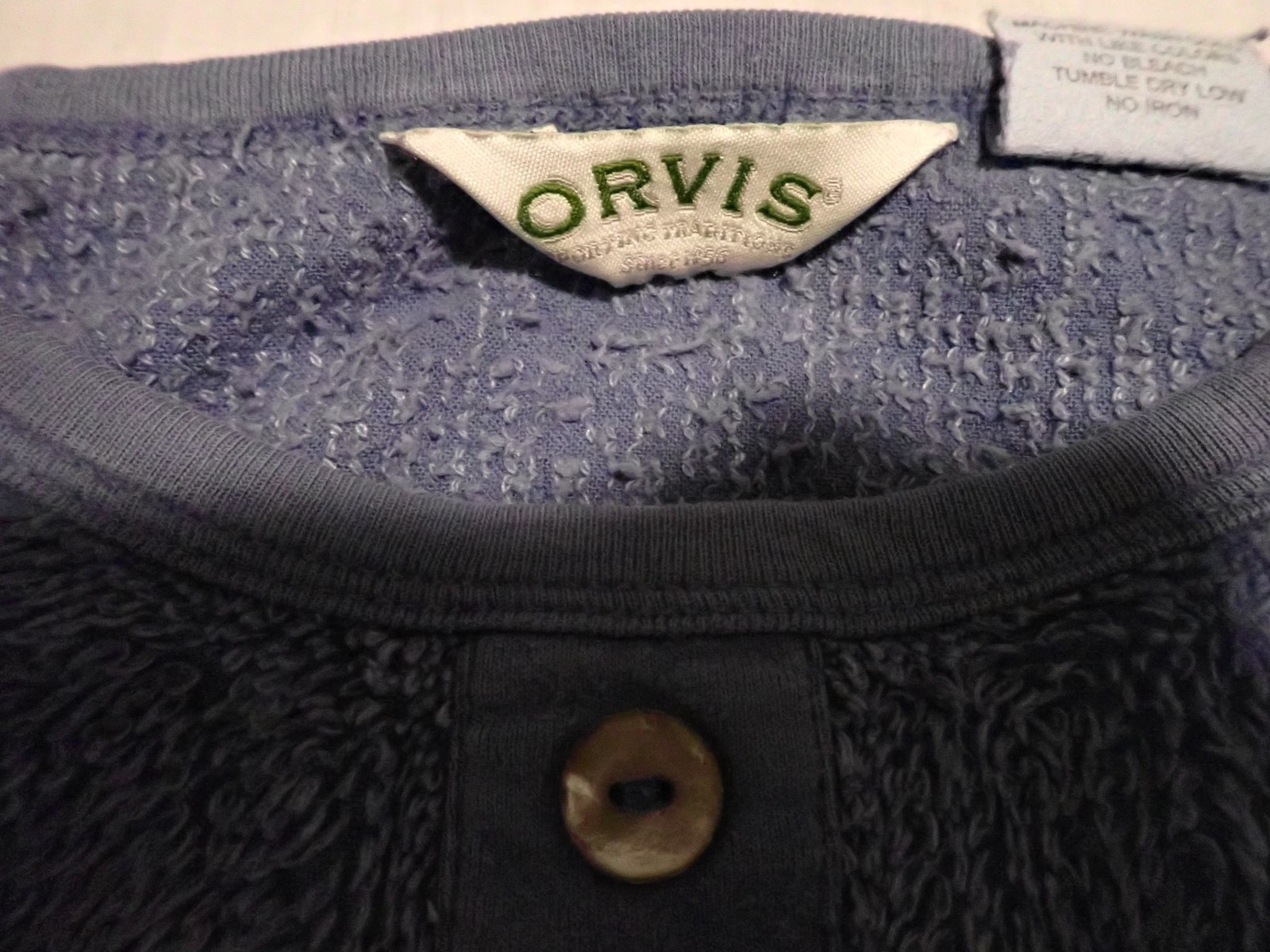 VTG Orvis Pullover XL Terry Henley Two Button Long Sleeve Blue Made USA Casual