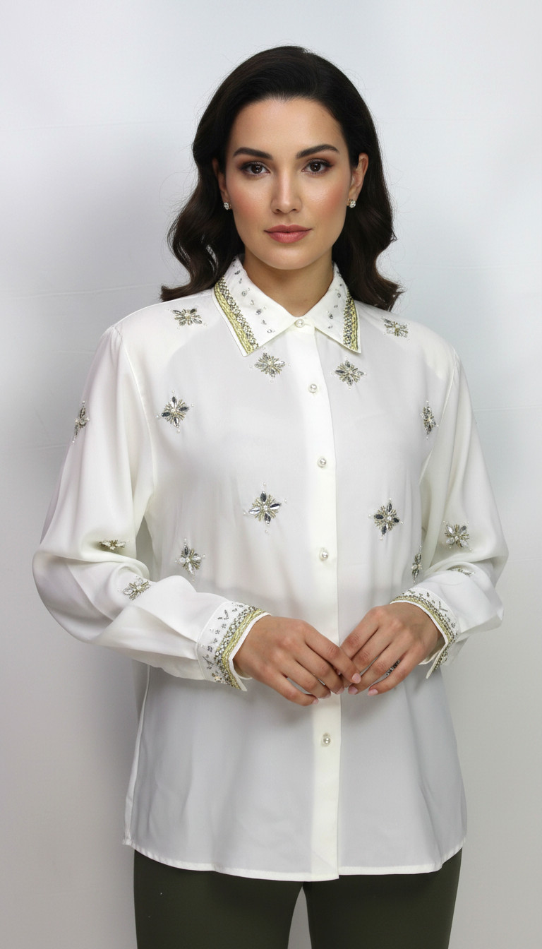 Harbour Vue Ivory Embellished Blouse Beaded Rhinestone Button Front Size 12