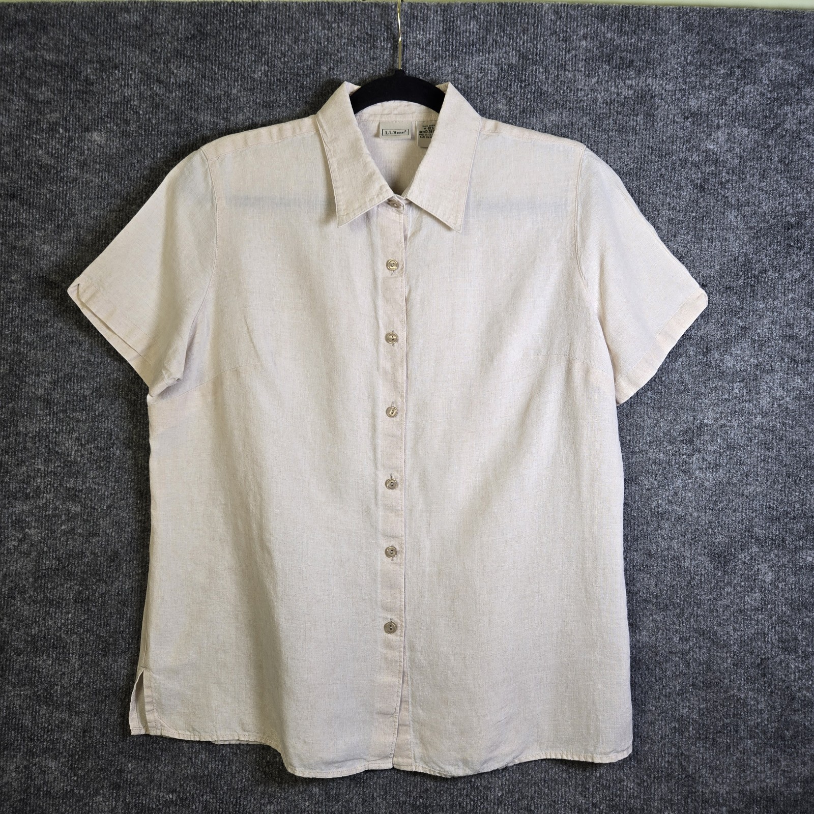 LL BEAN Shirt Womens M Regular Beige Linen Button Up Short Sleeve Neutral