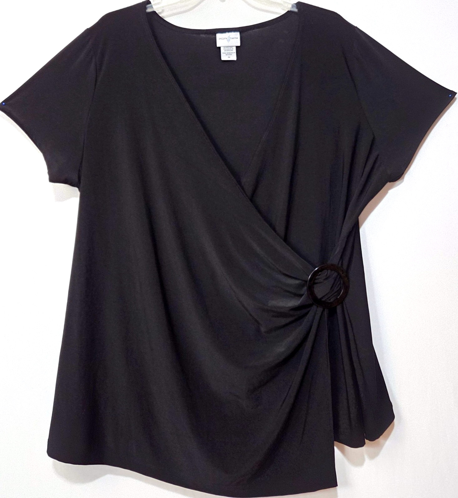Jaclyn Smith Short Sleeve Blouse Faux Wrap O-Ring Surplice Neck Stretch Size 1X