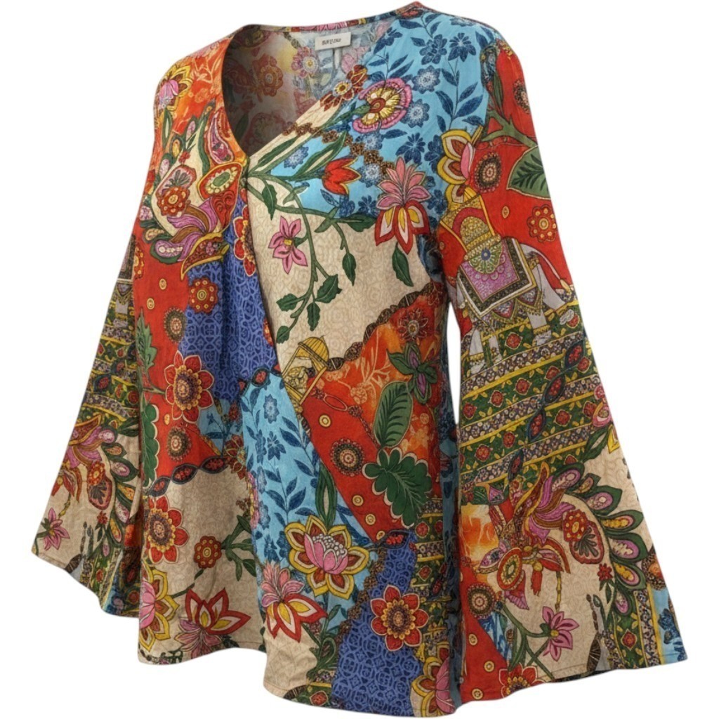 Peace + Love Owls Multi Color Patchwork Floral Elephant Print Viscose Blouse L