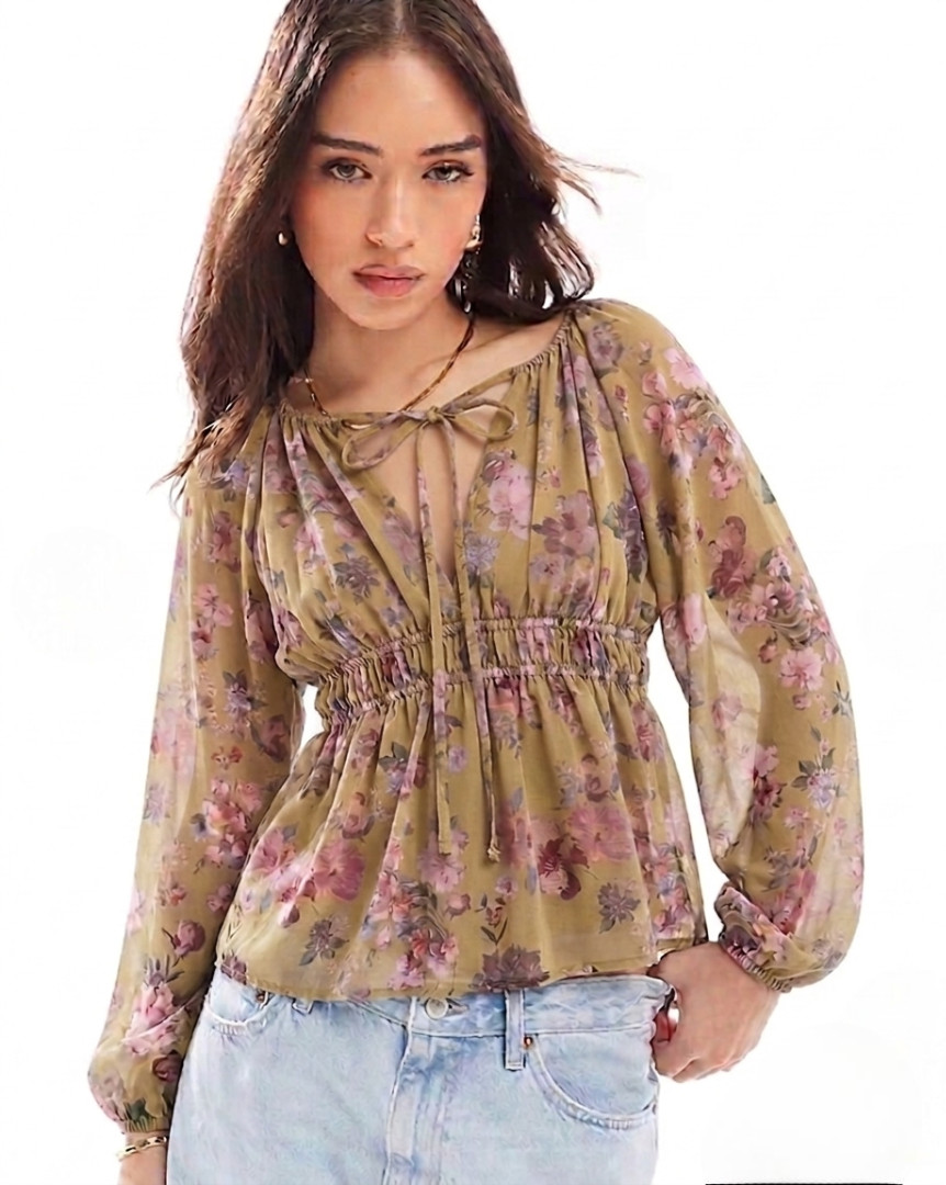 ASOS Floral Peplum Blouse Khaki Pink Floral Long Sleeve Tie Neck 08649833 NWOT