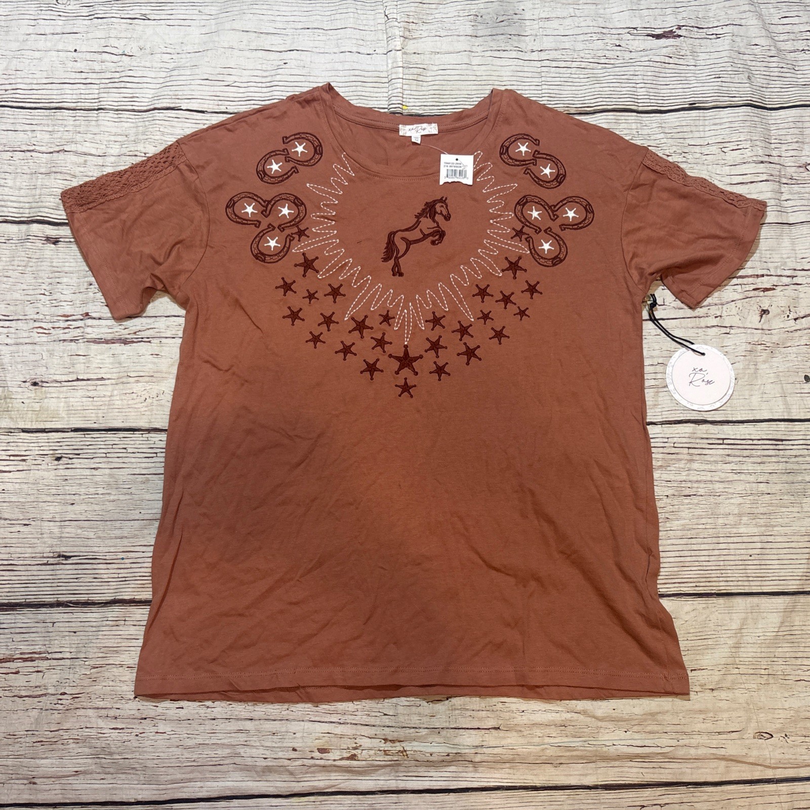 Brown T-Shirt Top Country Western Hat Boots Saddle Women’s Embroidered Sz M NEW