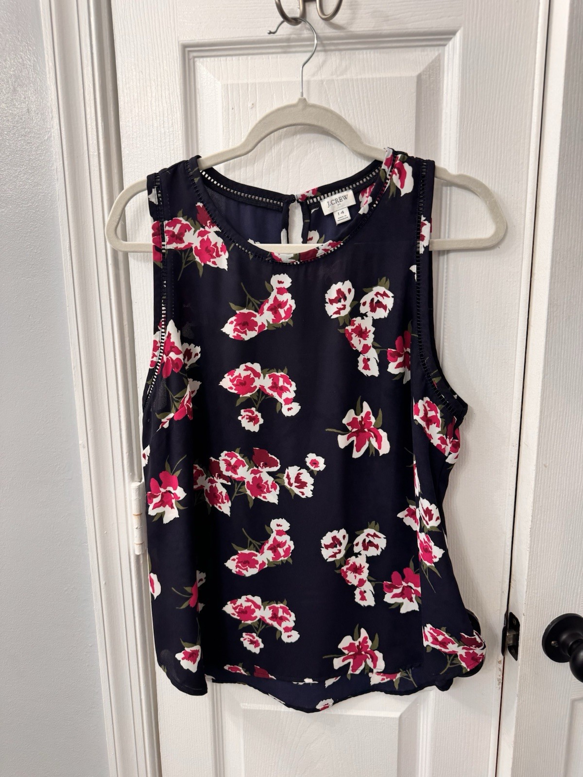 J.Crew Navy Sleeveless Blouse Red White Floral Print Size 14