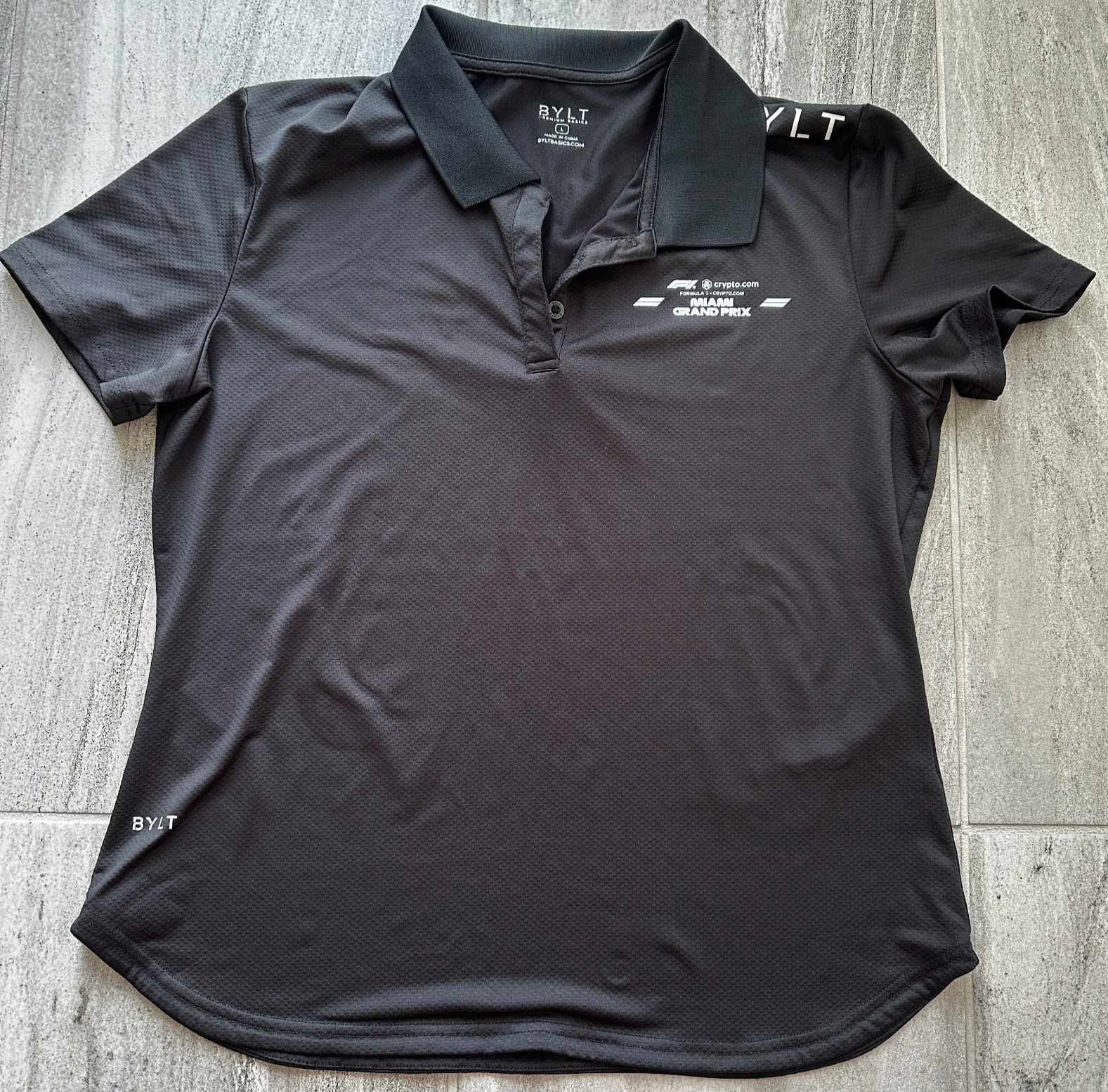 BYLT Premium Basics F1 Miami Grand Prix Polo Women Large Black Performance
