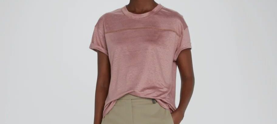 $1195 Brunello Cucinelli Women’s Pink Linen-Silk Crewneck T-Shirt Top Size XL