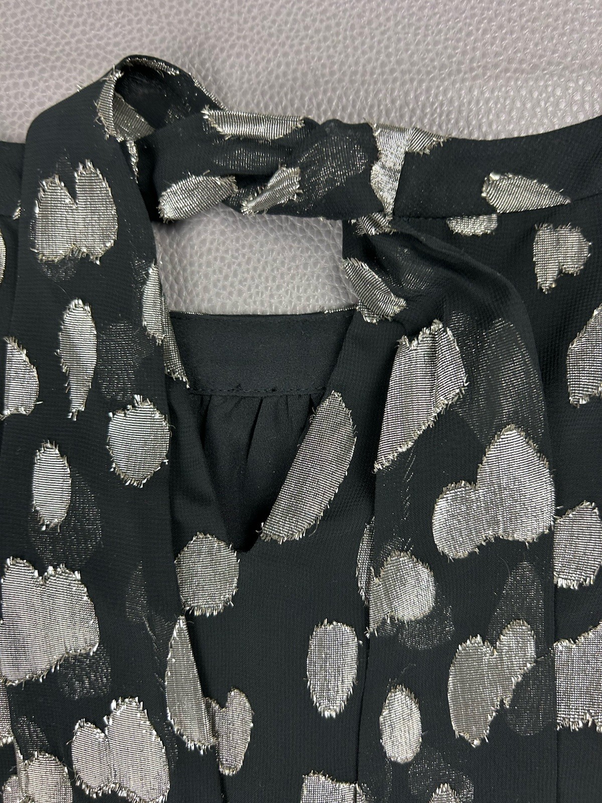 NEW Talbots Petite Medium Black Silver Polka Dot Long Sleeve Dressy Top Chiffon