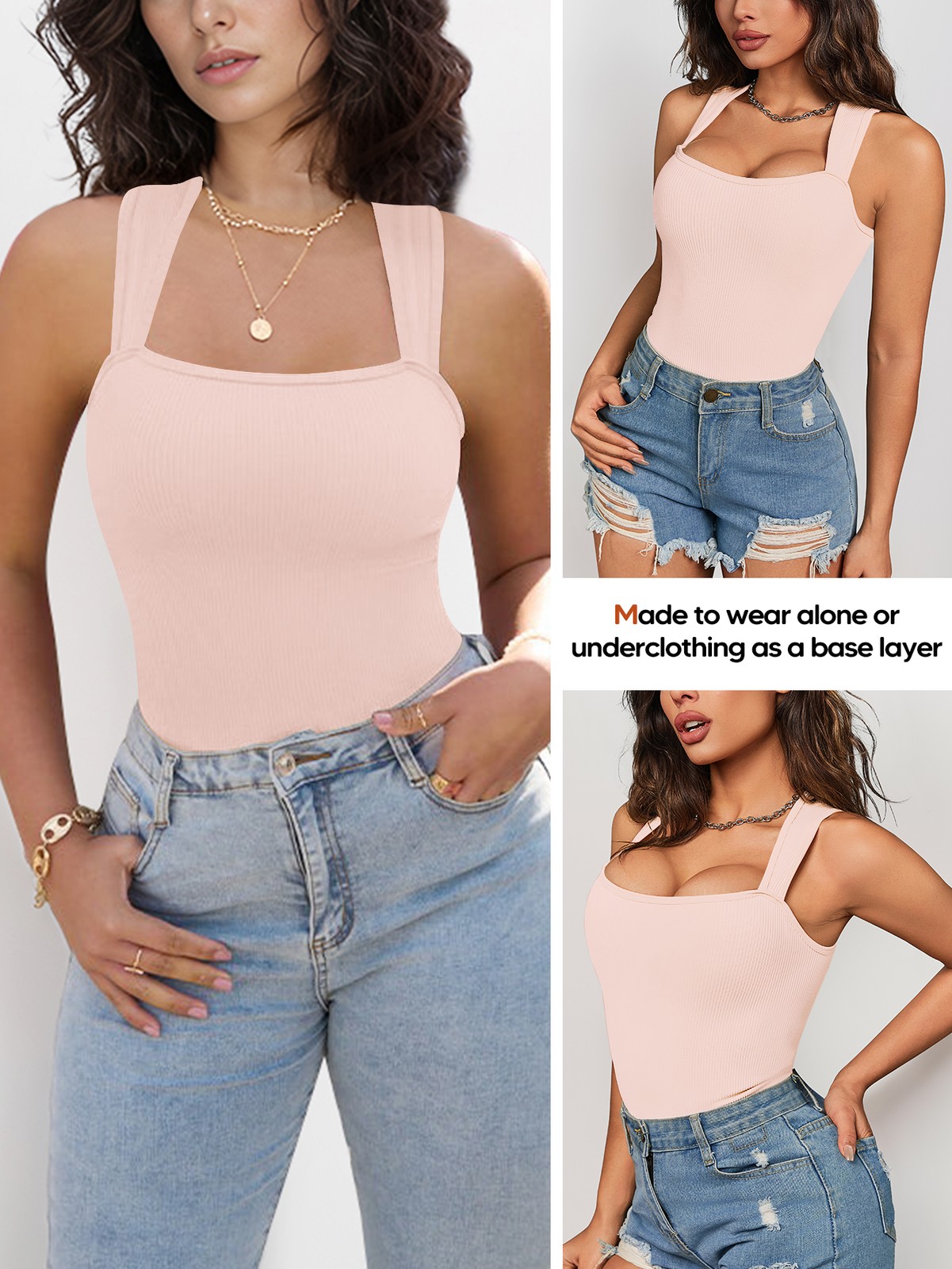 Bodysuits for Women Soft Cozy Ribbed Knit Square Neck Sleeveless Tank Top