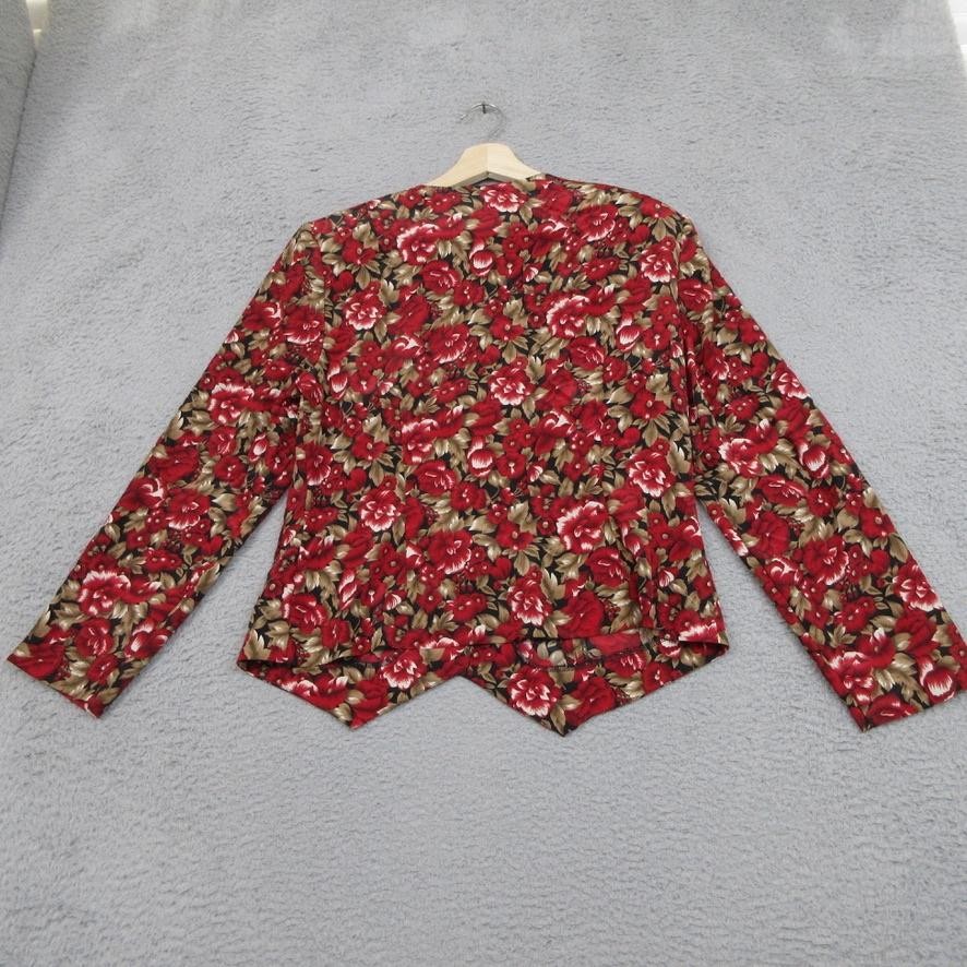 Vtg Leslie Fay Blouse Womens 12 Red Floral Lace Collar Button Front Long Sleeve