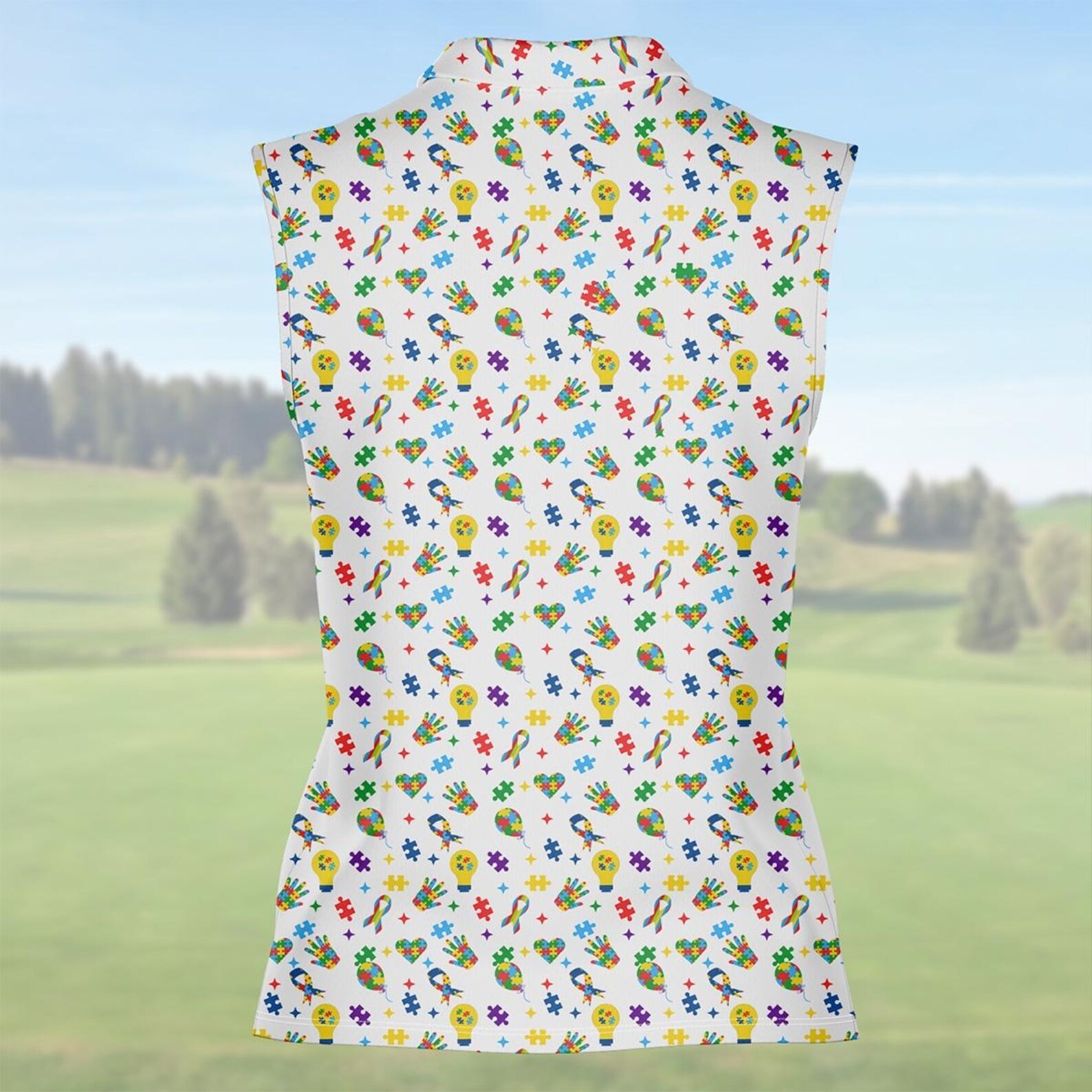 Women’s Autism Awareness Sleeveless Golf Polo Colorful Puzzle Shirt