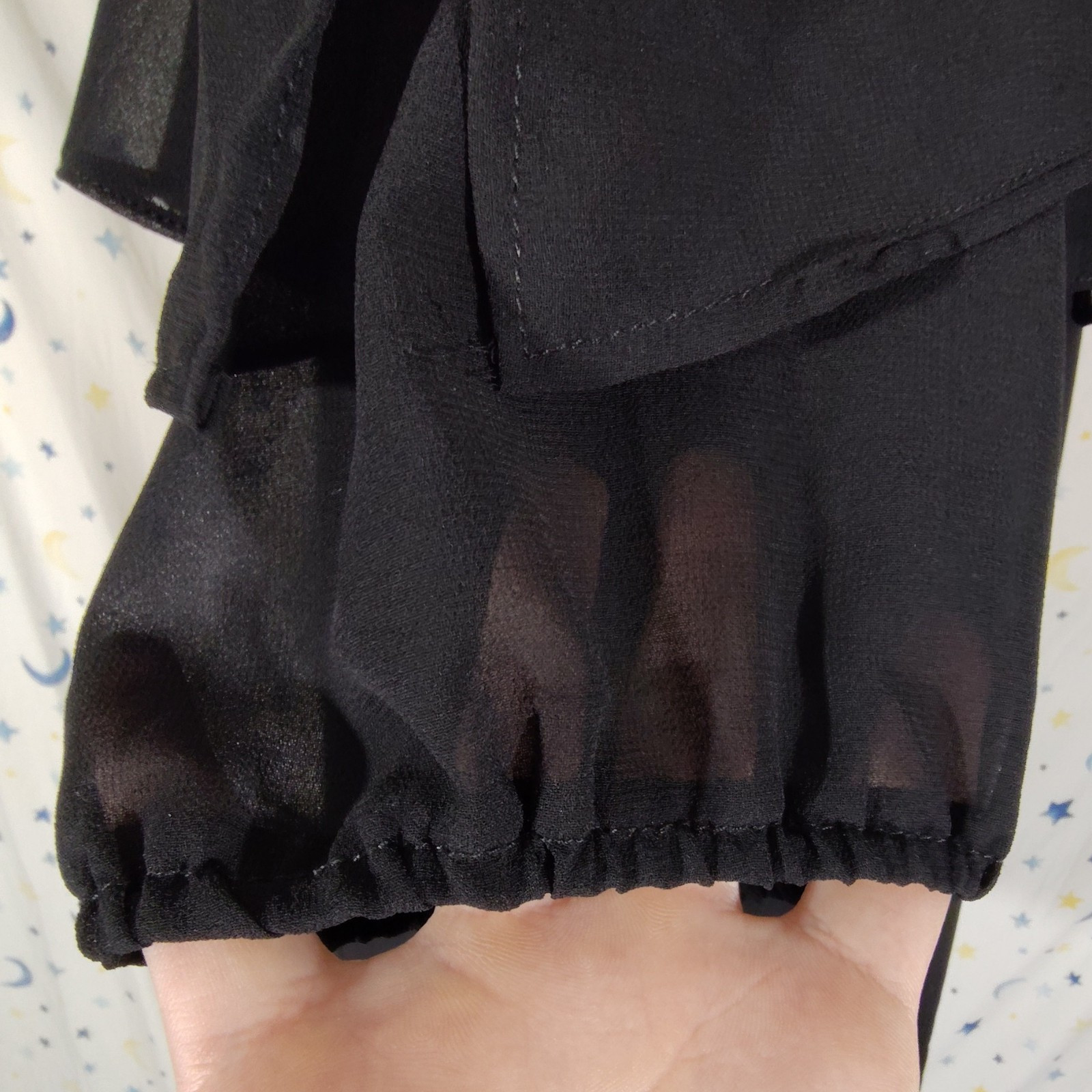 Black Chiffon & Lace Scoop Neck Ruffle Short Sleeve Blouse