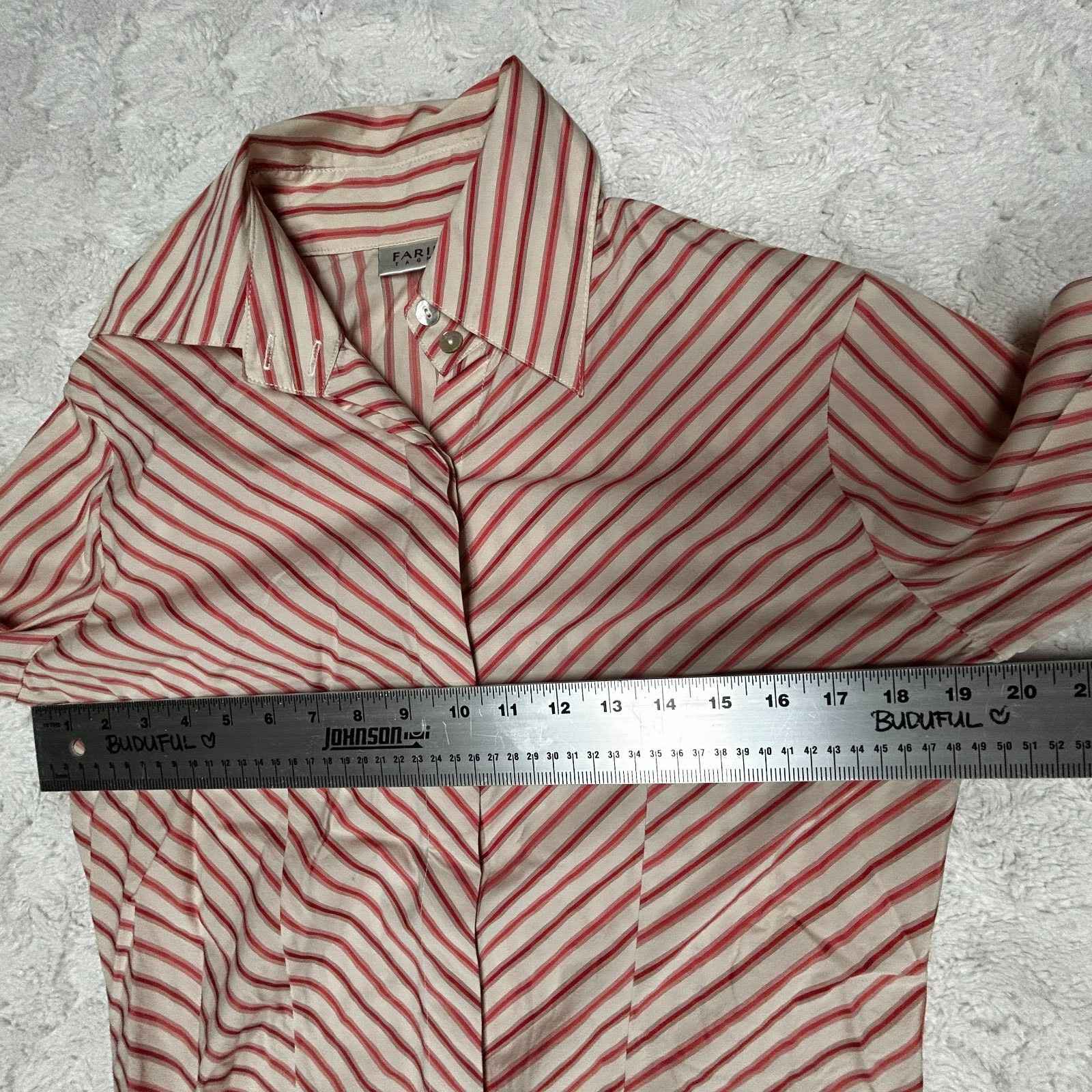 Farinaz Taghavi Women’s Button Up Striped Shirt Top Size 8 Red Ivory Long Sleeve