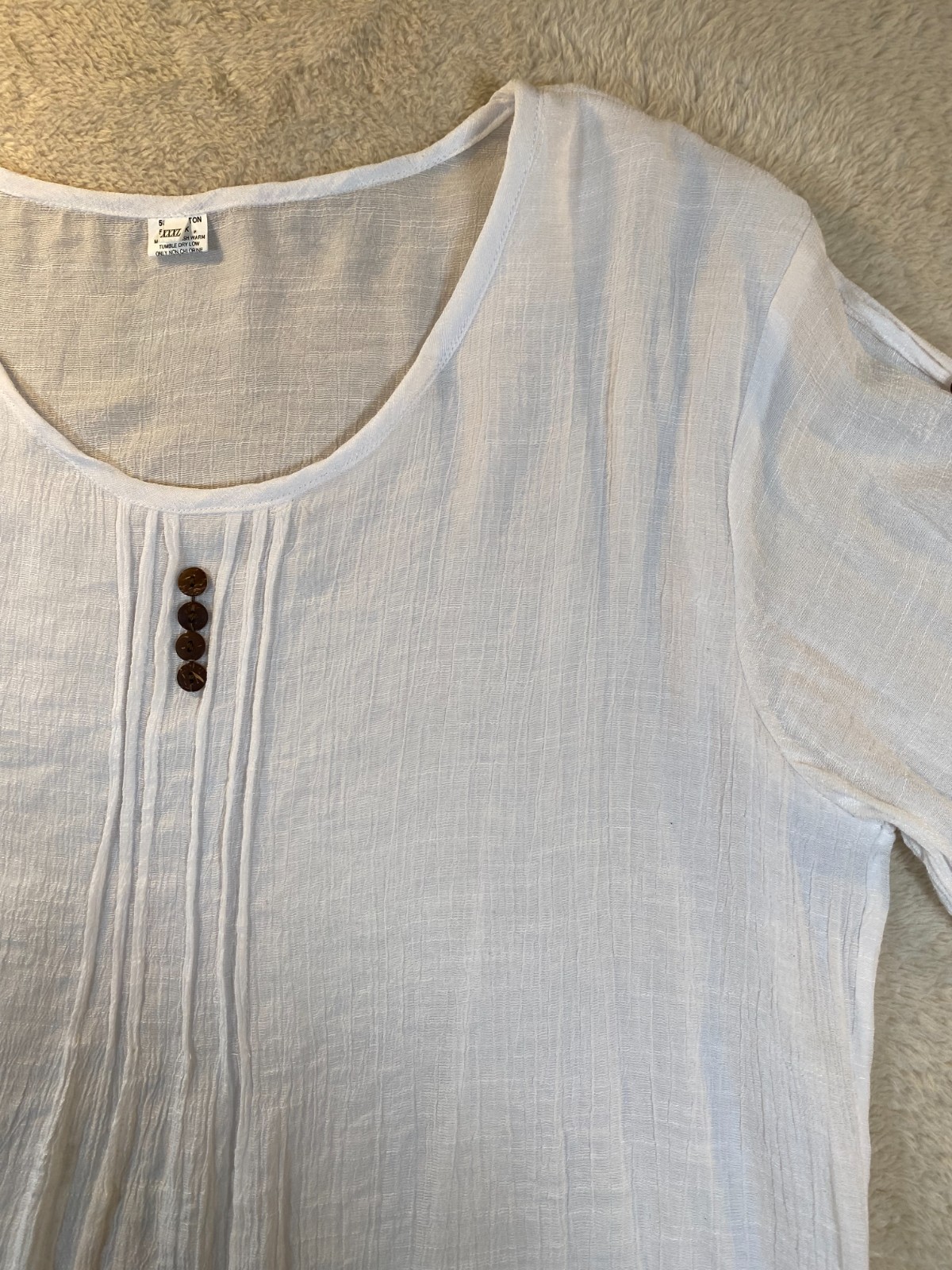Silk and Cotton Blend Blouse Pintuck Button Accented Sleeves