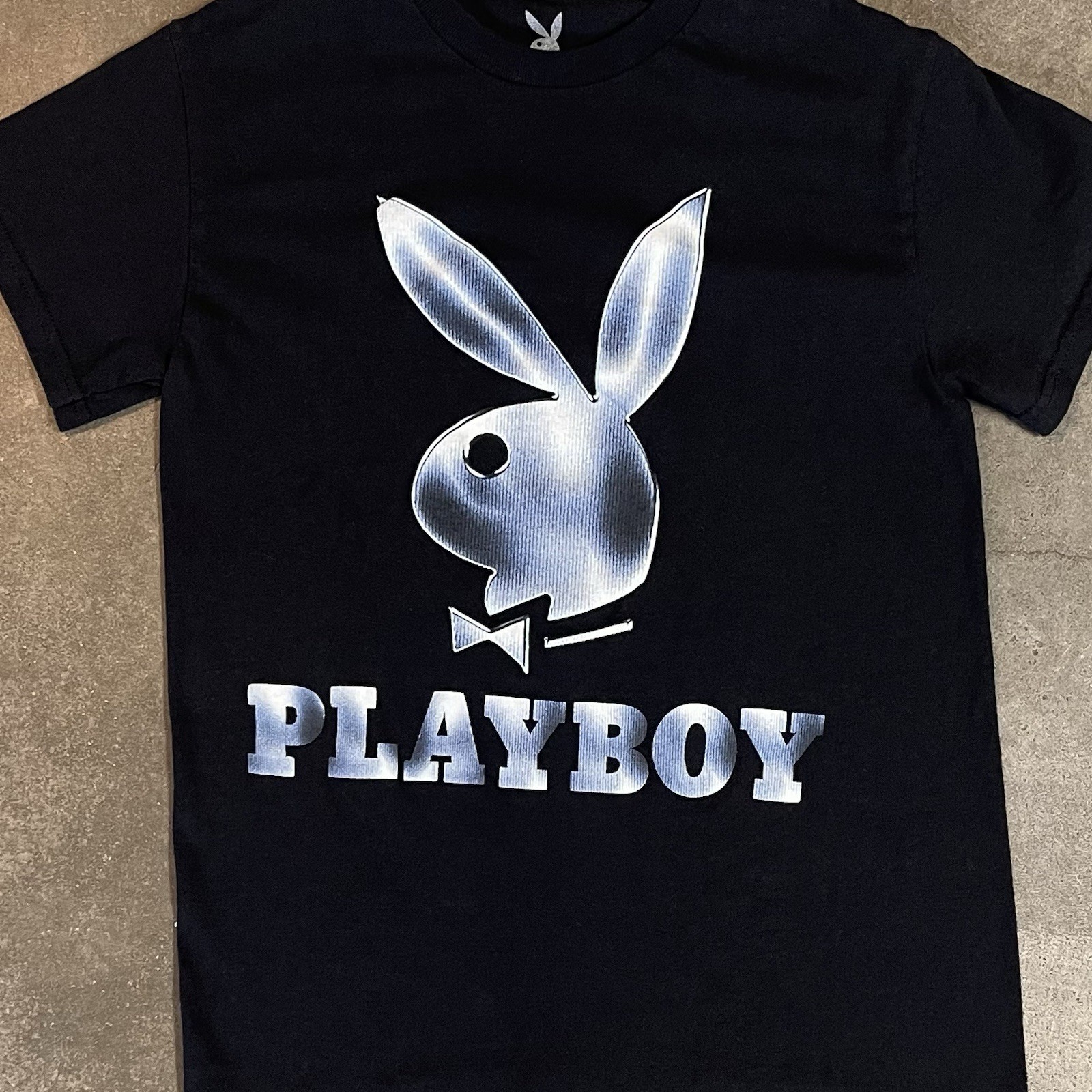 Playboy Bunny Logo Graphic T Shirt Womens Small Black Metallic Blue Y2K Tee