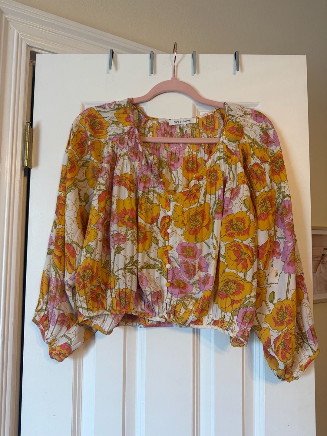 Rose + Olive Floral Peasant Blouse with Button Front Detail