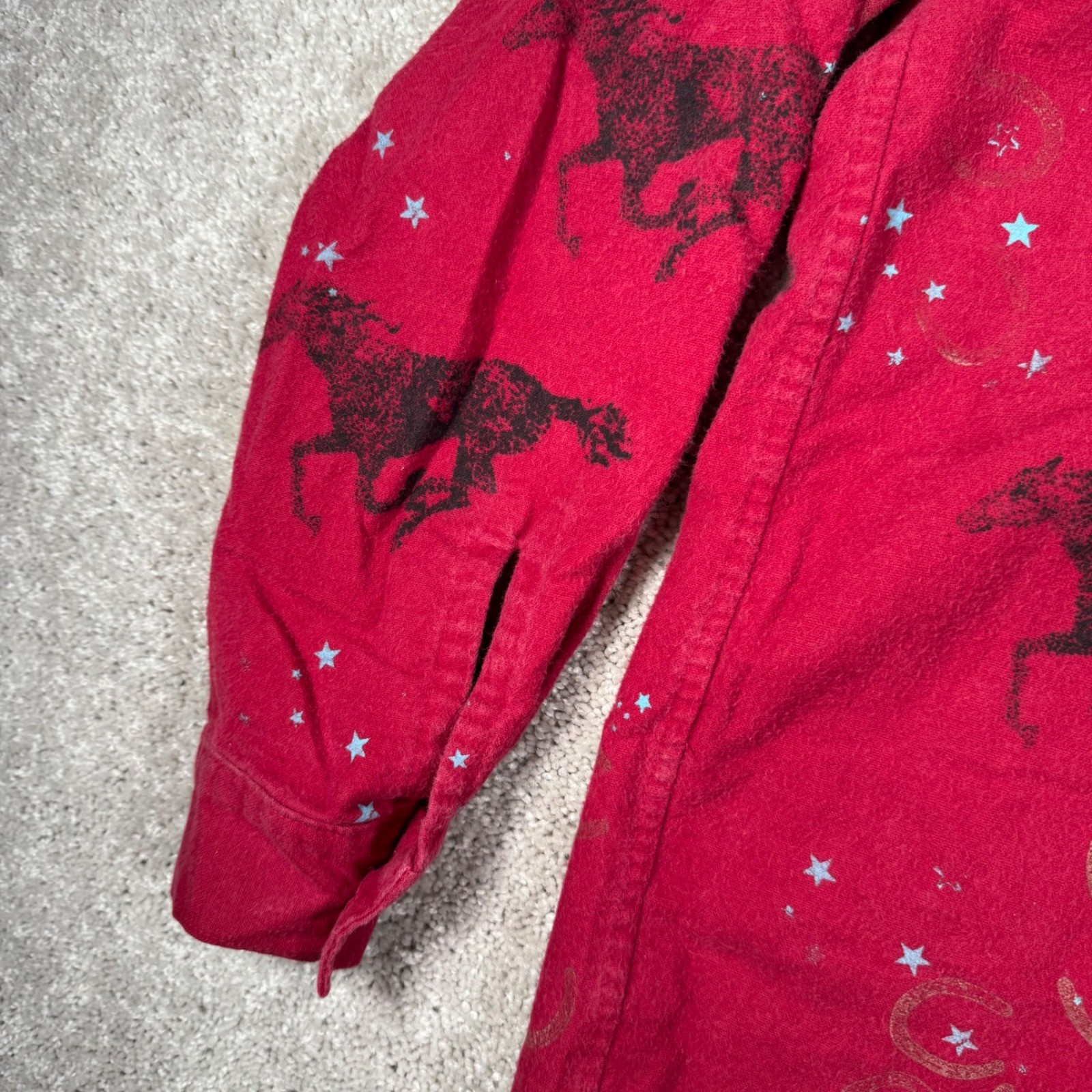 Blue Rose Handprinted Western Horse Horseshoe Shirt Women’s M Red Long Sleeve