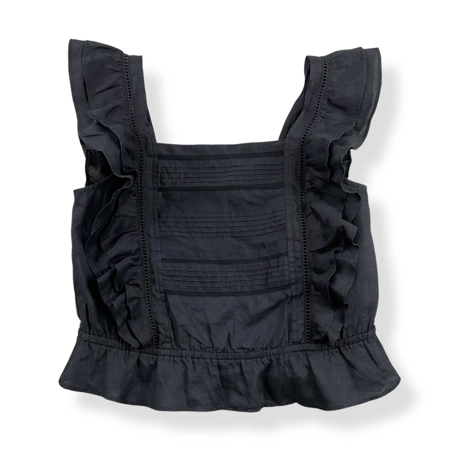Scotch & Soda Top Women XS Black Sleeveless Ruffle Square Neck Button Ramie NWOT