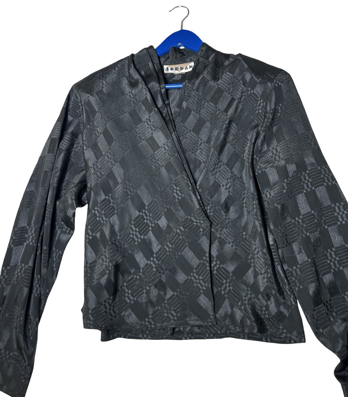 VTG Elegant Satin Wrap Blouse Sz 14 Black Bold Geometric Structured Slim Fitted