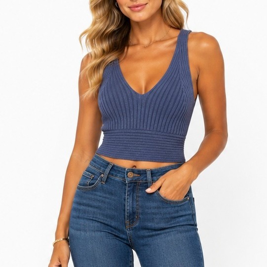 Debut M/L Periwinkle Ribbed Crop Top Open Back V Neck Y2K Summer Casual Boho