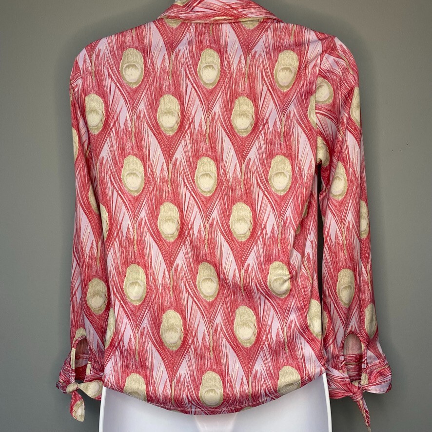 Vintage Calvin Klein Pink Peacock Print Tie Cuff Button-Up Blouse Women’s Size M