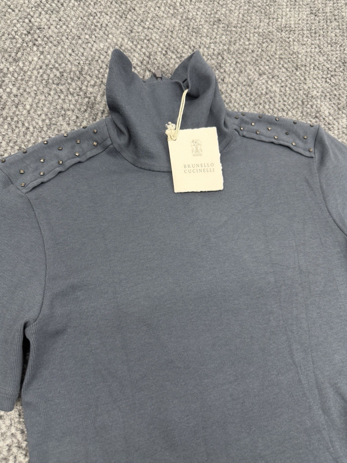 Brunello Cucinelli Women’s Large Navy Blue Studded Shoulders Mock Neck Top Shirt