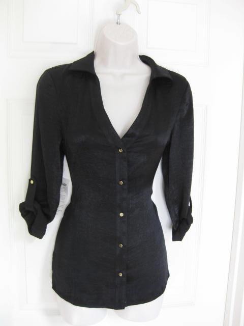 BEBE BLACK RAE HAMMERED CHARM LONG SLEEVE SHIRT TOP NEW NWT SMALL S