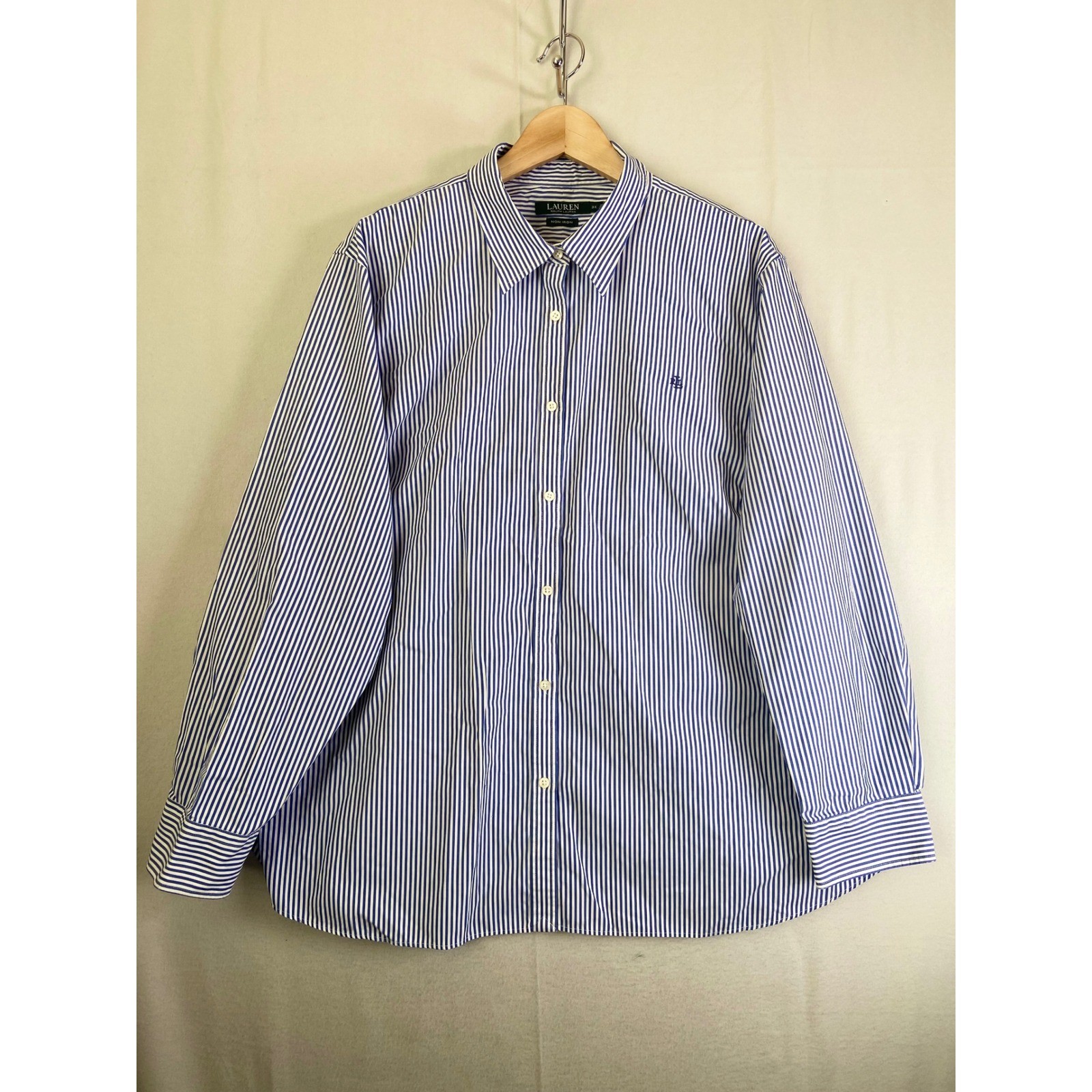 Lauren Ralph Lauren Womens Blue White Striped Button Down Shirt LRL Logo Large