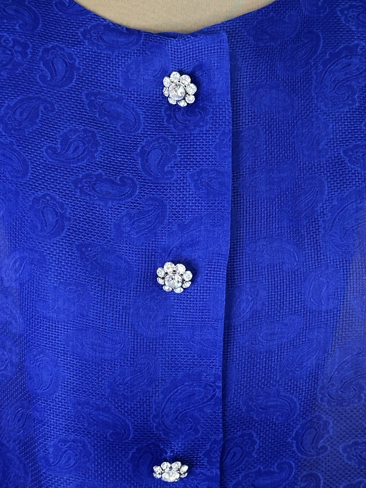 Givenchy Glamour Vintage Royal Blue Paisley Puffed Sleeves Blouse Size 13 Japan