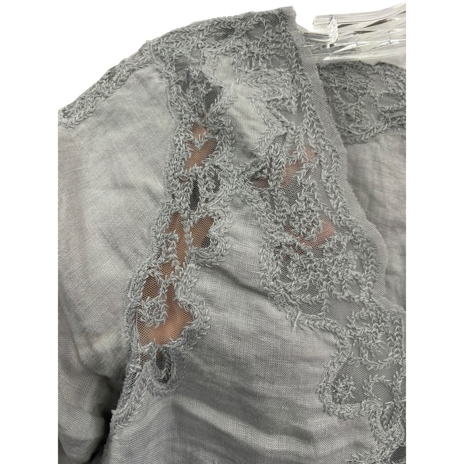 Jigsaw Gray Linen Blend Blouse Lace Trim Boho Minimalist Short Sleeve Top 4