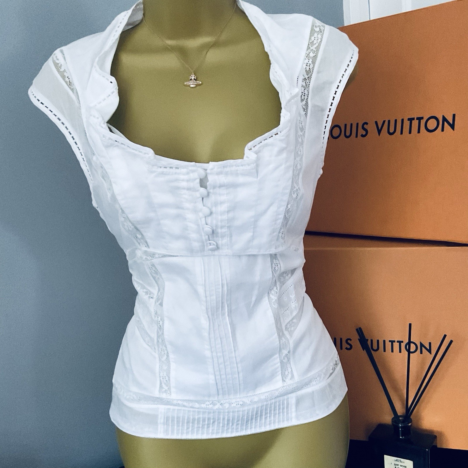 Pristine Karen Millen White Cotton Broderick Lace Corset Blouse Top UK 12