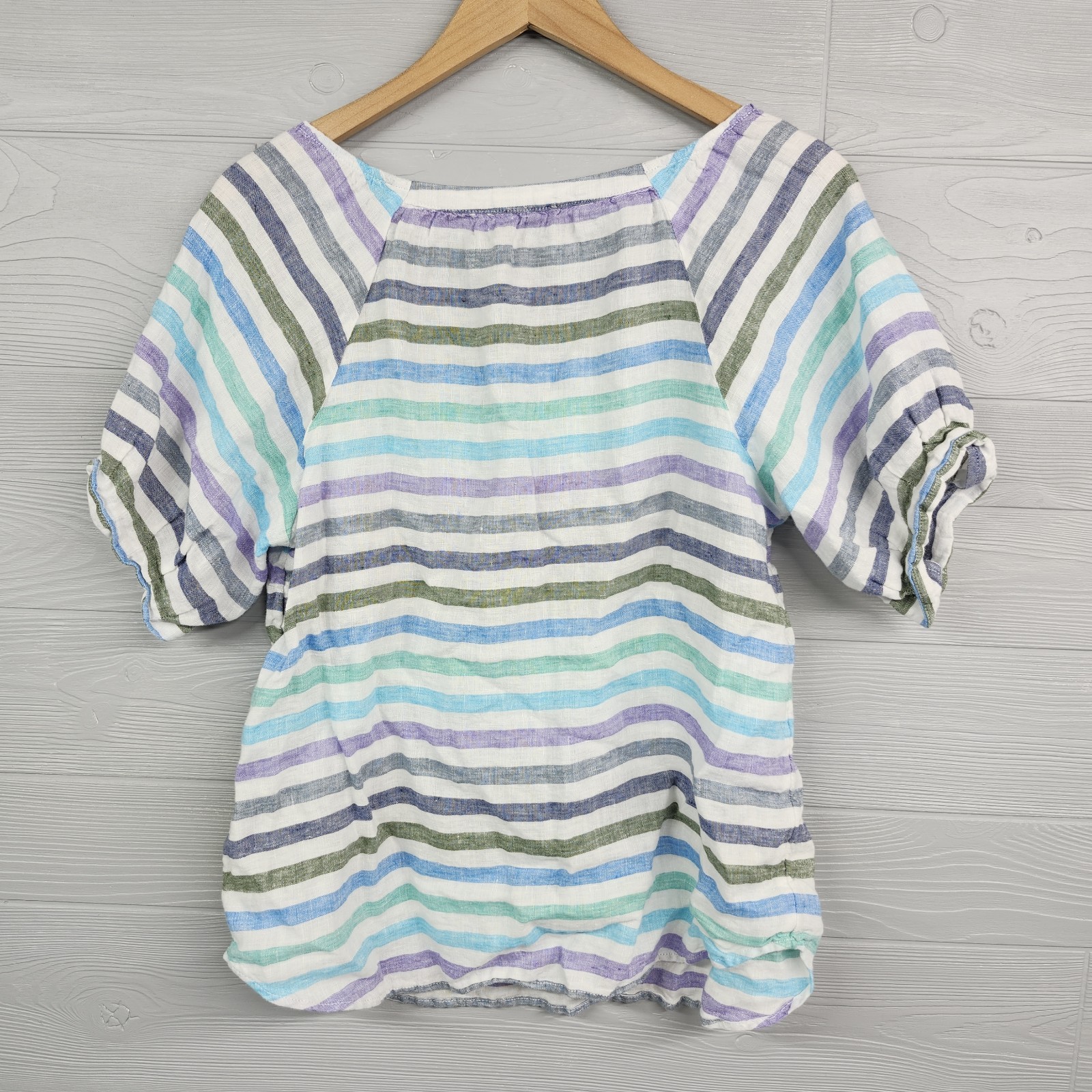 Talbots Blue Purple Gray Striped Linen Top Womens Size Medium