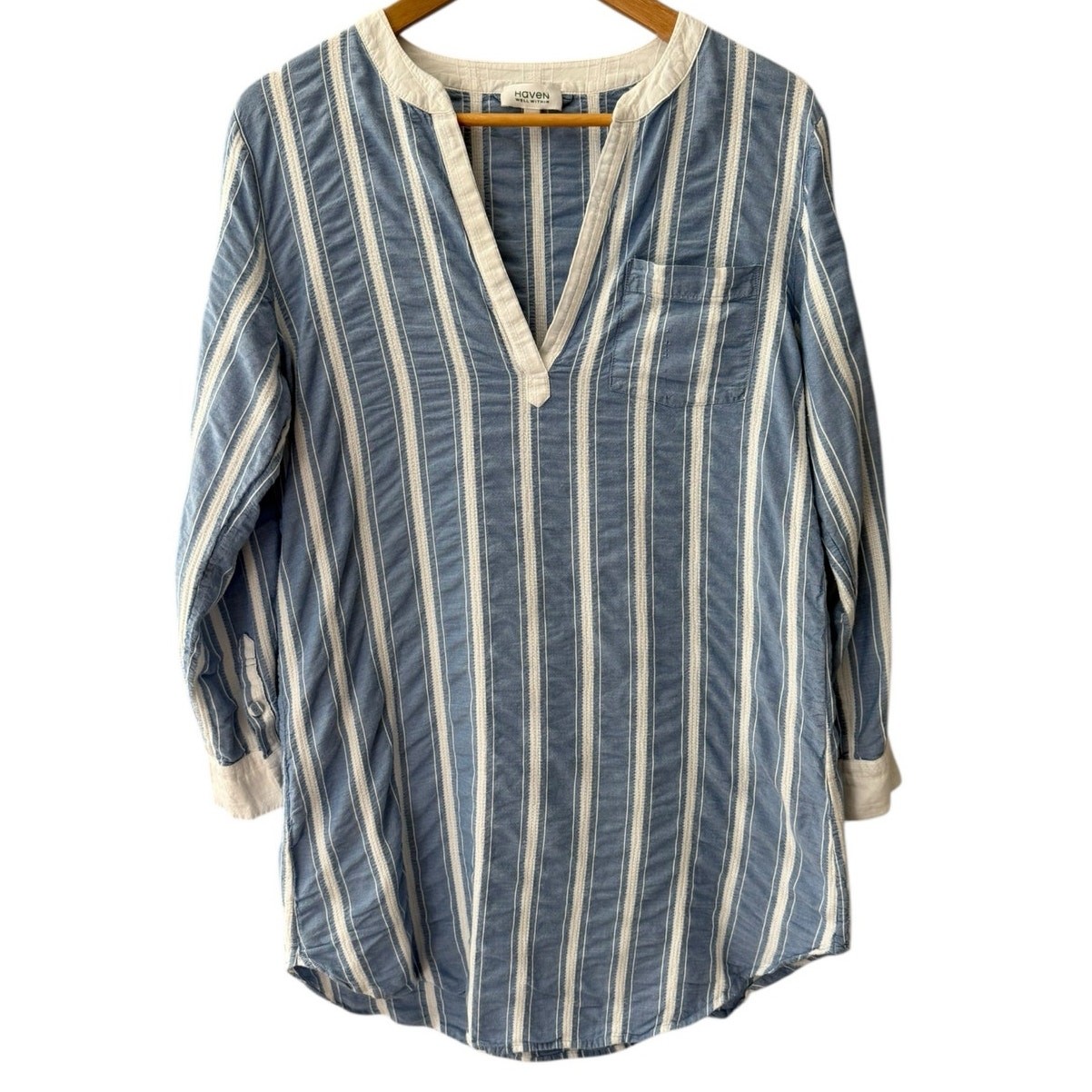 Haven Well Within V-Neck Pintuck Long Sleeve Striped Top Blue Size Medium