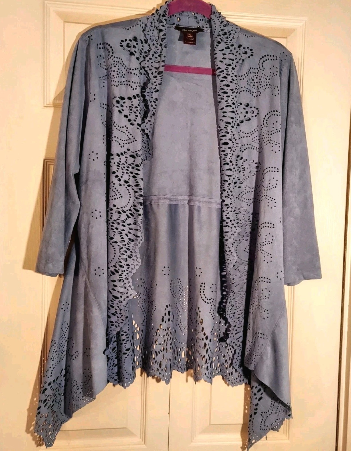 Multiples Sz PM Steel Blue Kimono Faux Suede Lightweight Fabric Laser Cut Outs