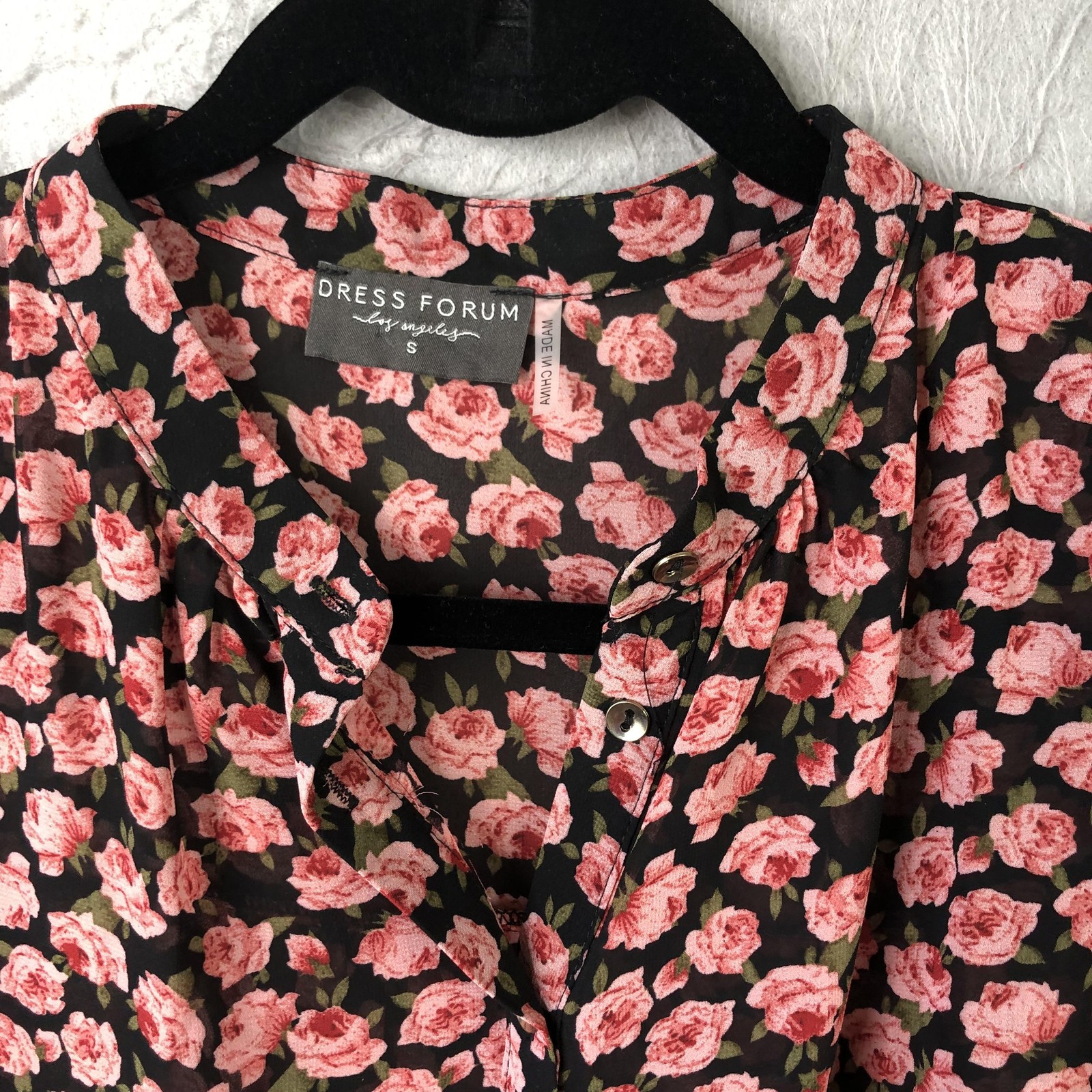 Feminine top Womens S Black Rose Dark Floral Button Front Sheer Ruffle Cottage