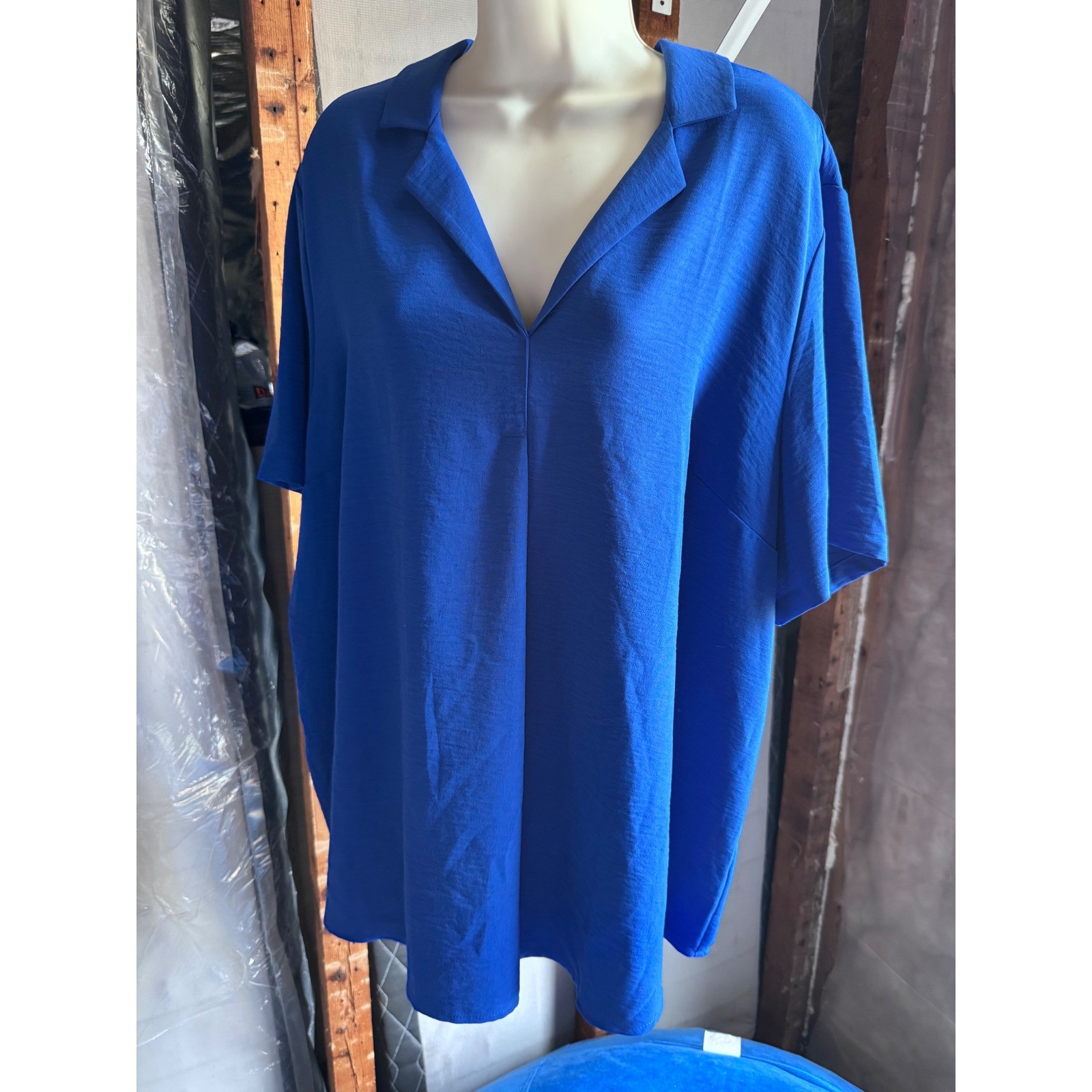Hilary Radley Royal Blue Short Sleeve V-Neck Blouse Notched Collar XXL Top