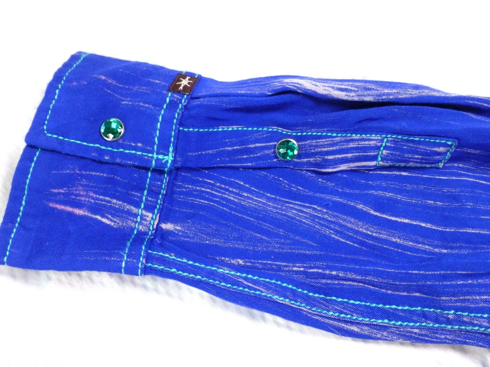 NWT Cowgirl Up Embroidered Yoke Western Jewel Embellished Shirt Blue Pinstripe L